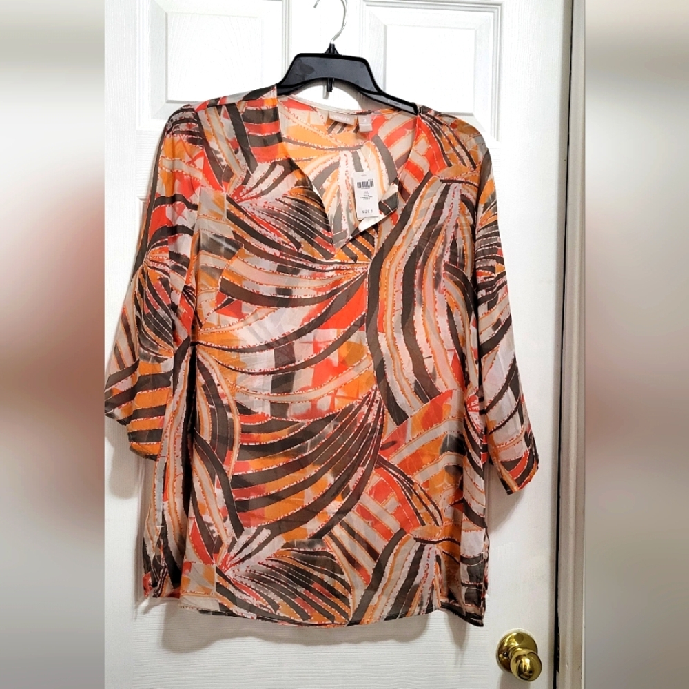 Chico's Orange and Brown Abstract Blouse